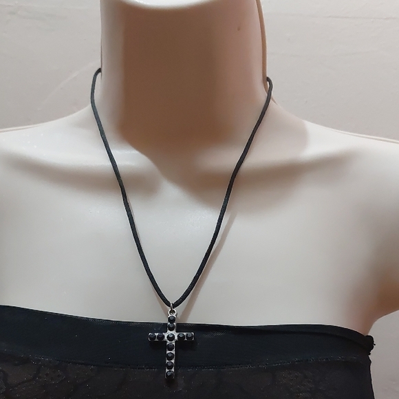 Other - Silver Tone Pendant Paved with Black Rhinestones on Black Cord Necklace